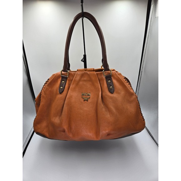 MCM Leather Satchel Handbag Purse Cognac Brown Top Handle Designer Bag - Picture 14 of 16